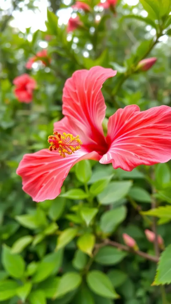 A close-up of a pink hibiscus flower with green leaves in the background.