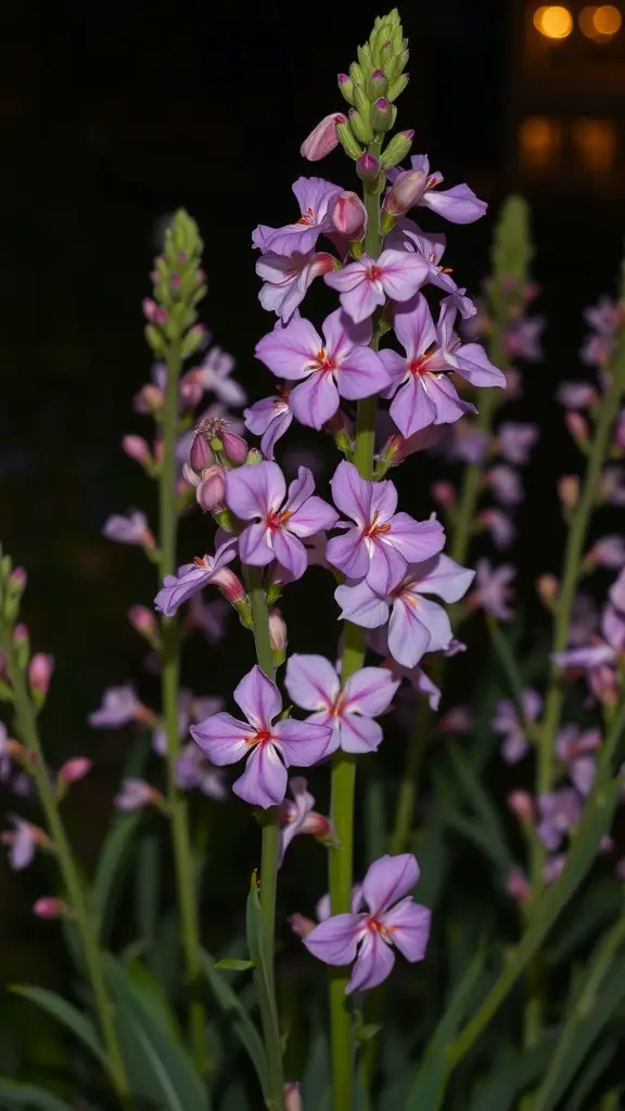 Night-scented stock flowers with pink petals and green stems