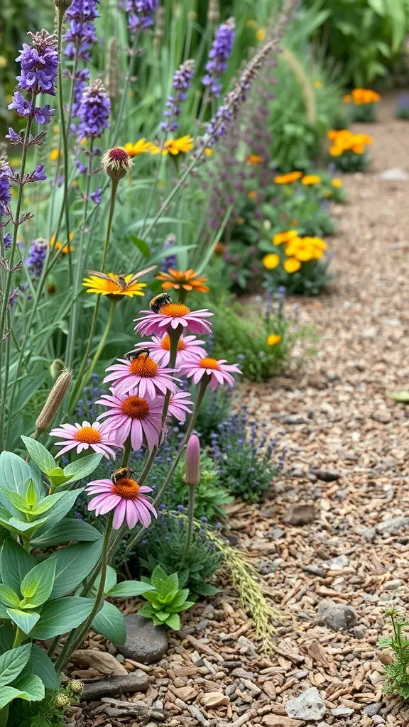 A colorful native plant garden featuring pink coneflowers, purple lavender, and yellow flowers along a gravel path.