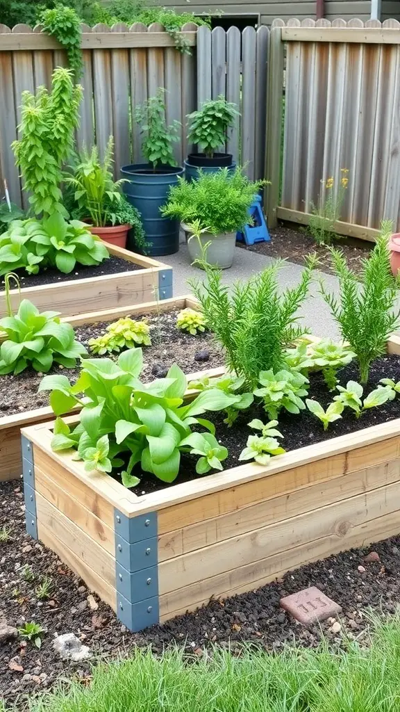 A raised bed herb garden with various herbs and plants.