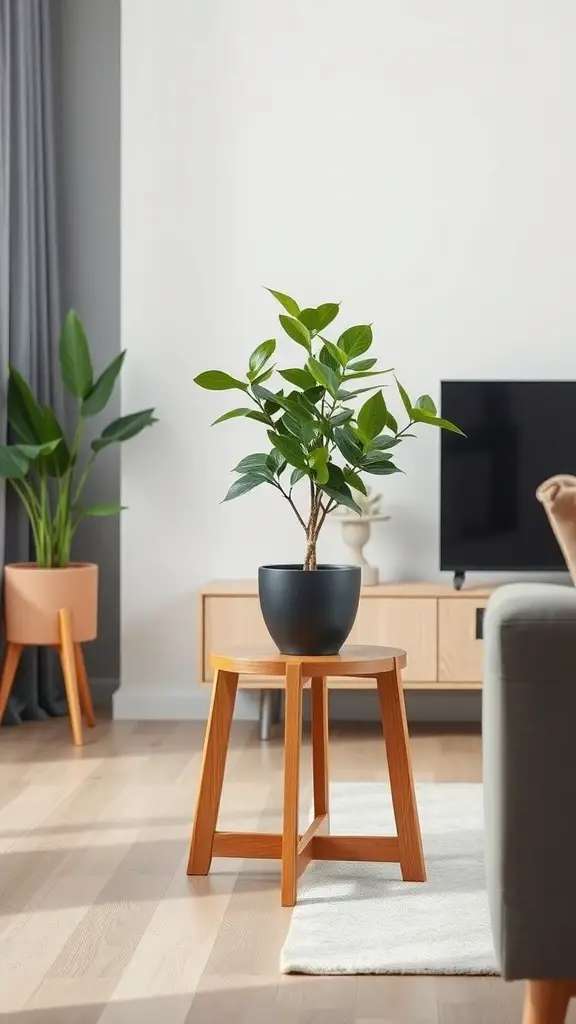 A minimalist wooden plant stand with a small tree-like plant in a black pot, set in a cozy living room.