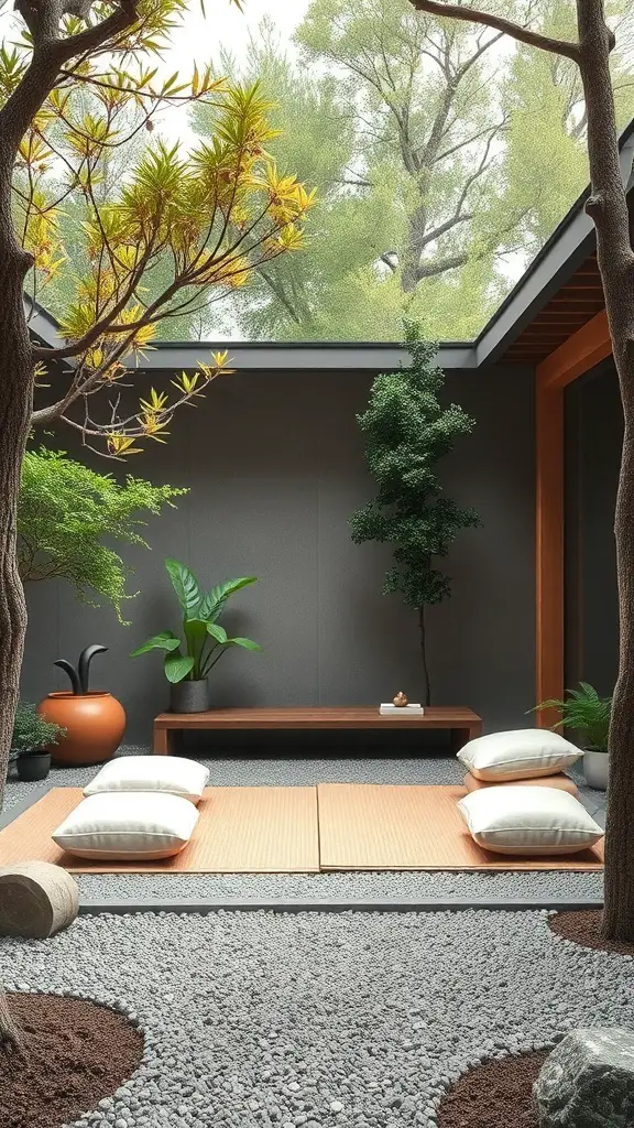 A serene zen garden with cushions and plants, perfect for meditation.