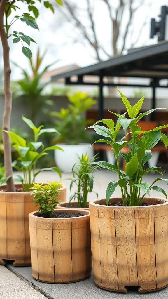 Bamboo planters with various plants in a garden setting