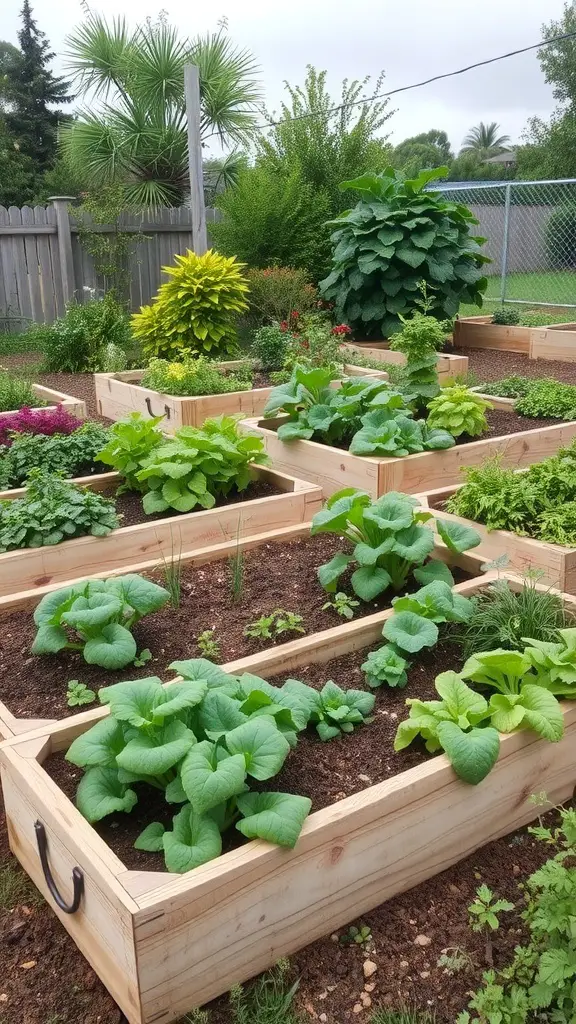 Raised vegetable garden beds filled with various greens and herbs on a sloped yard.