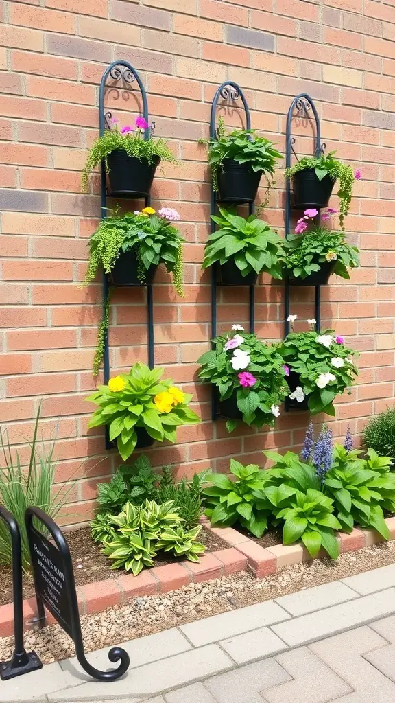 Vertical garden with colorful flowers in pots mounted on a brick wall.