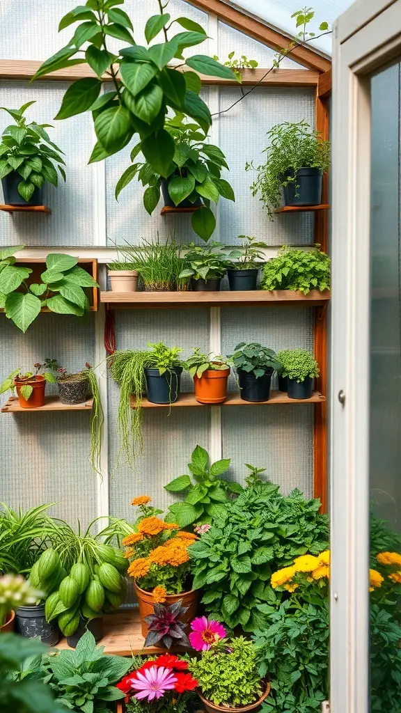 A vertical garden greenhouse with shelves filled with various plants and flowers.