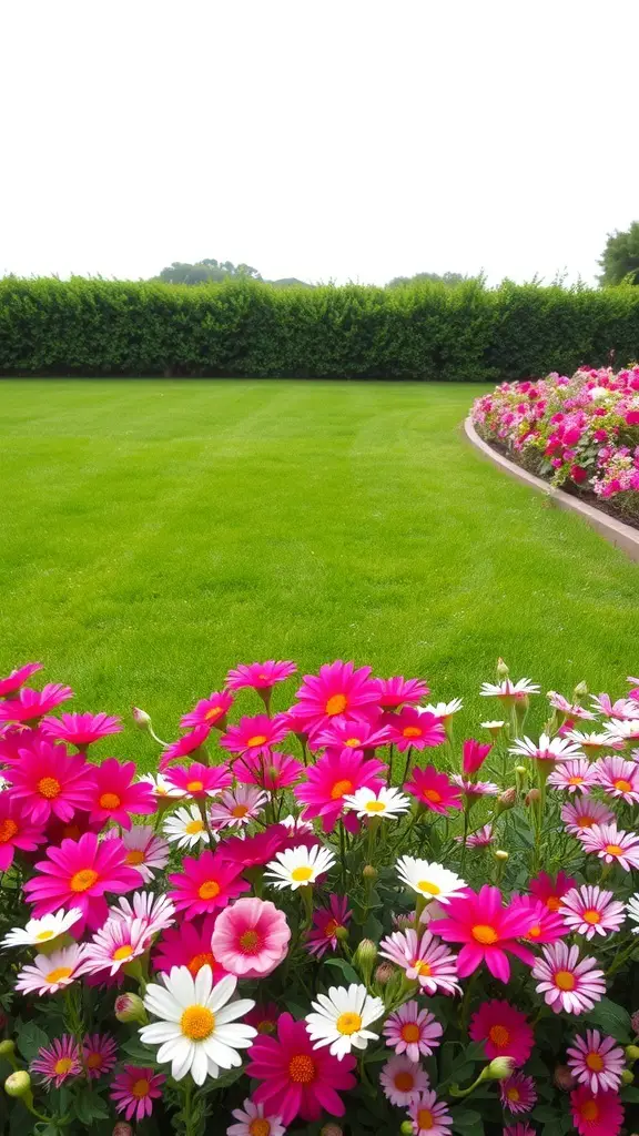Colorful flower borders with pink and white flowers along a green lawn.