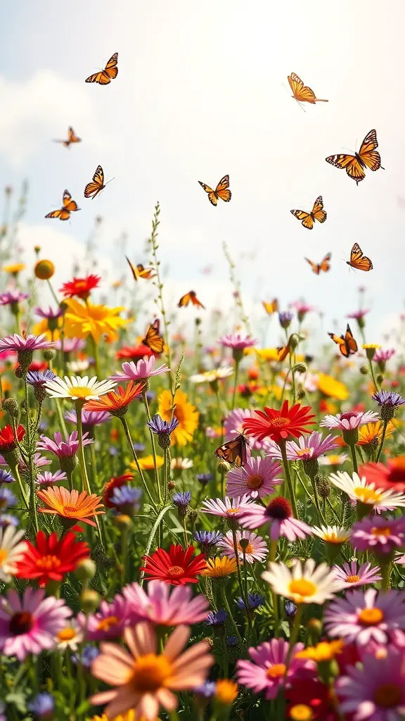 A colorful flower meadow with various blooms and butterflies flying above.