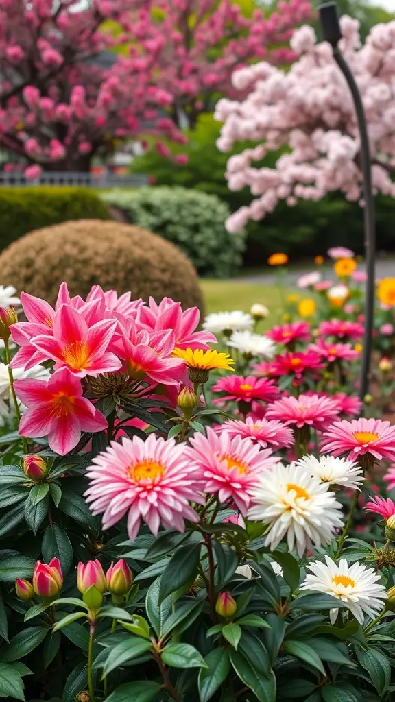 A vibrant display of pink lilies and daisies in a Japanese garden during spring.