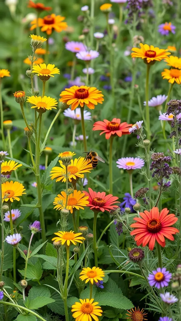 A vibrant herb garden filled with colorful flowers attracting pollinators.