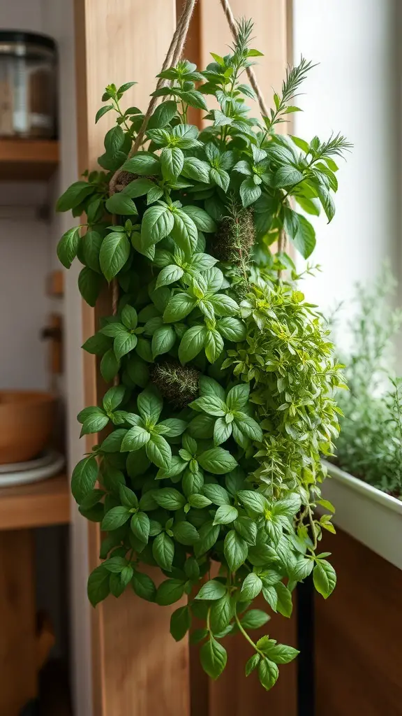 A vertical garden showcasing various herbs, including basil and thyme, hanging in a kitchen setting.