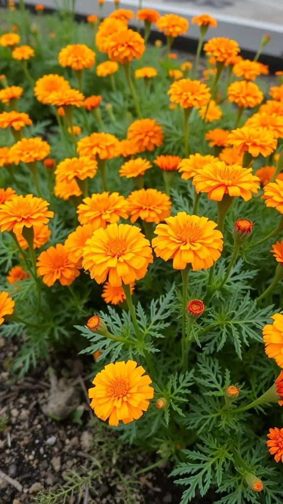 A vibrant display of orange marigold flowers in a garden.
