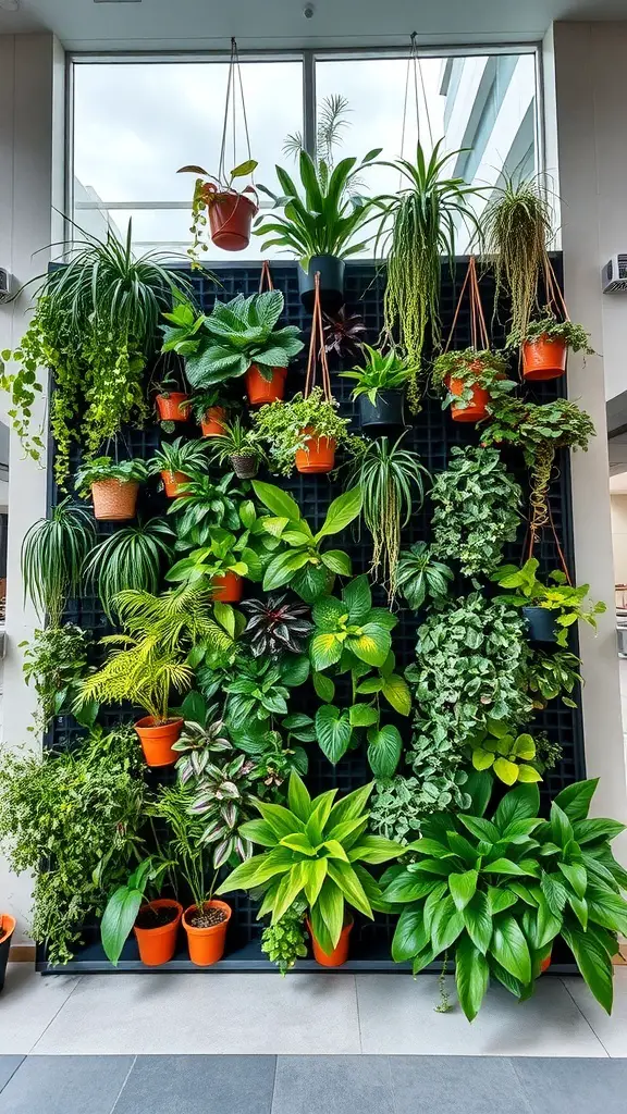 A vertical garden wall featuring a variety of plants in orange pots, creating a lush green display.