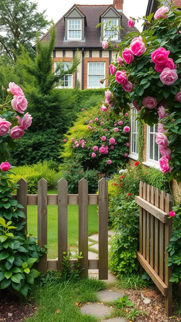 A charming cottage garden with pink roses, a wooden fence, and a stone pathway leading to a cozy house.