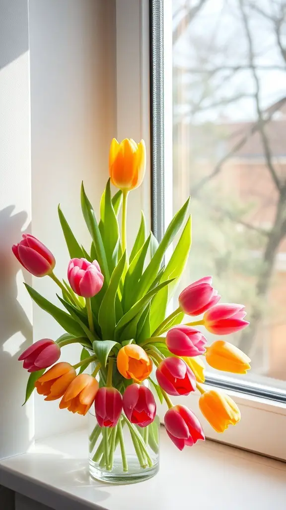 A vibrant bouquet of tulips in various colors by a window.