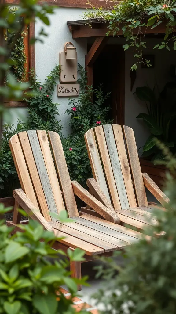 Two rustic wooden lounge chairs surrounded by greenery