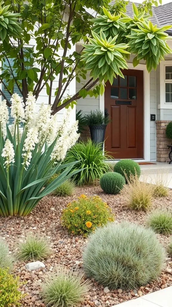 A low-maintenance front garden featuring round shrubs, vibrant yellow flowers, and a mix of hardy plants.