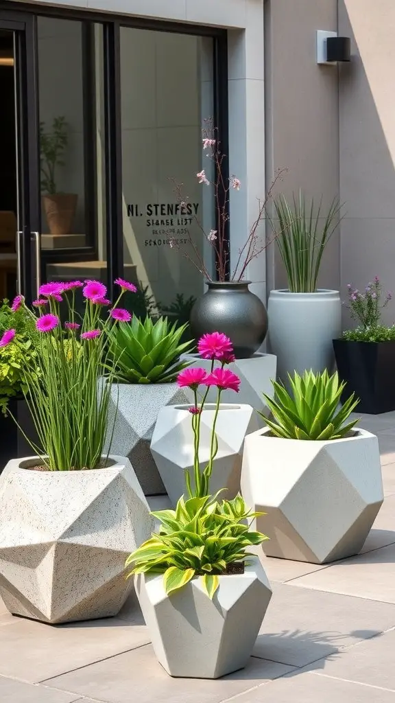 A collection of geometric concrete pots with various plants, including pink flowers and green foliage.