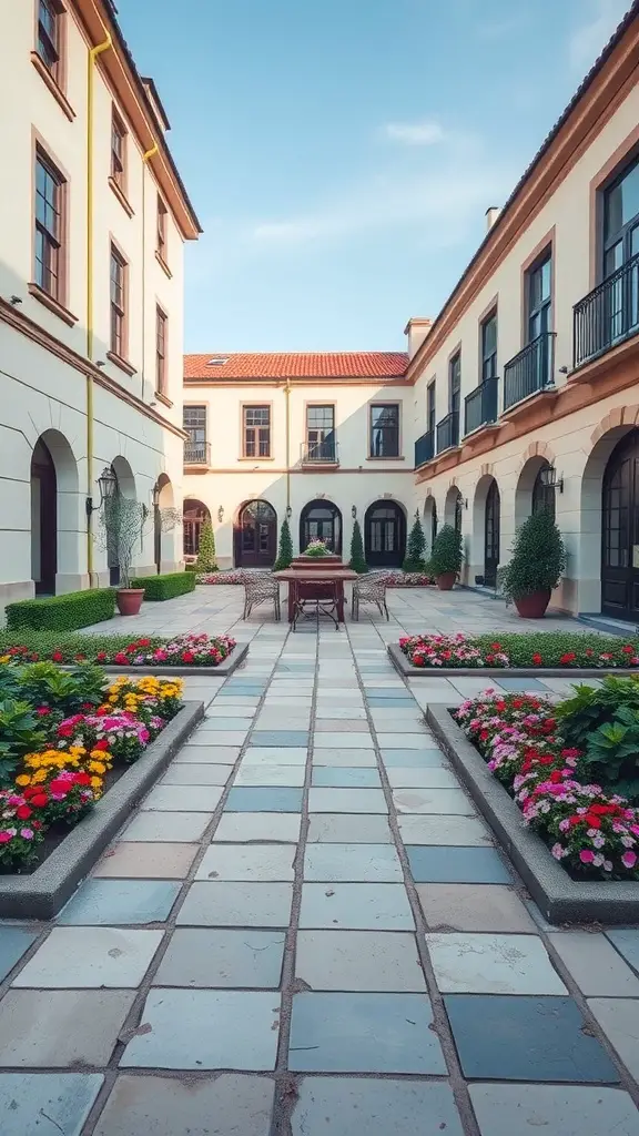A beautifully designed courtyard featuring a stone pathway, vibrant flowers, and seating areas.