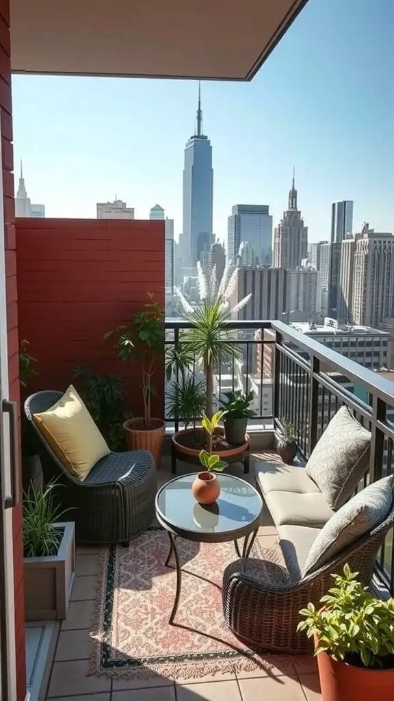 A compact balcony featuring two chairs, a round table, and potted plants with a city skyline in the background.