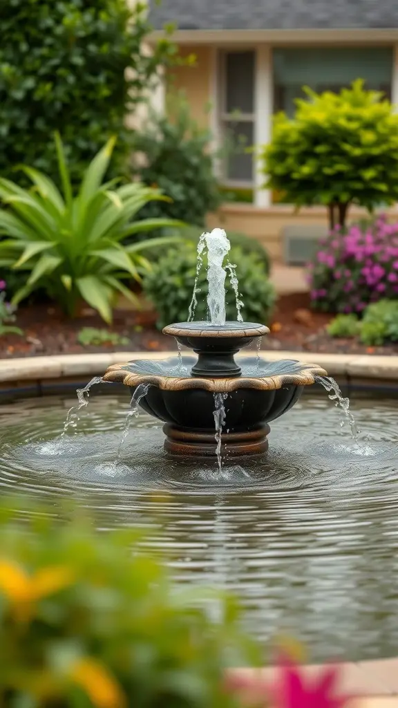A beautiful fountain surrounded by greenery and flowers in a front yard landscape.