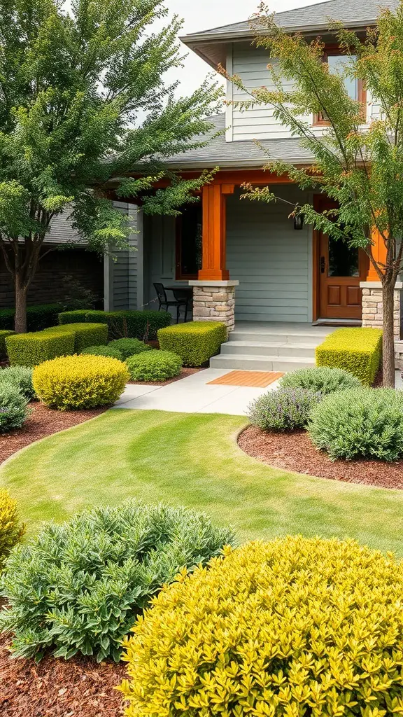 A well-maintained front yard with low-maintenance bushes in front of a house.