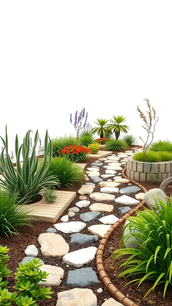 A garden pathway with various plants and stones, showcasing a mix of colors and textures.
