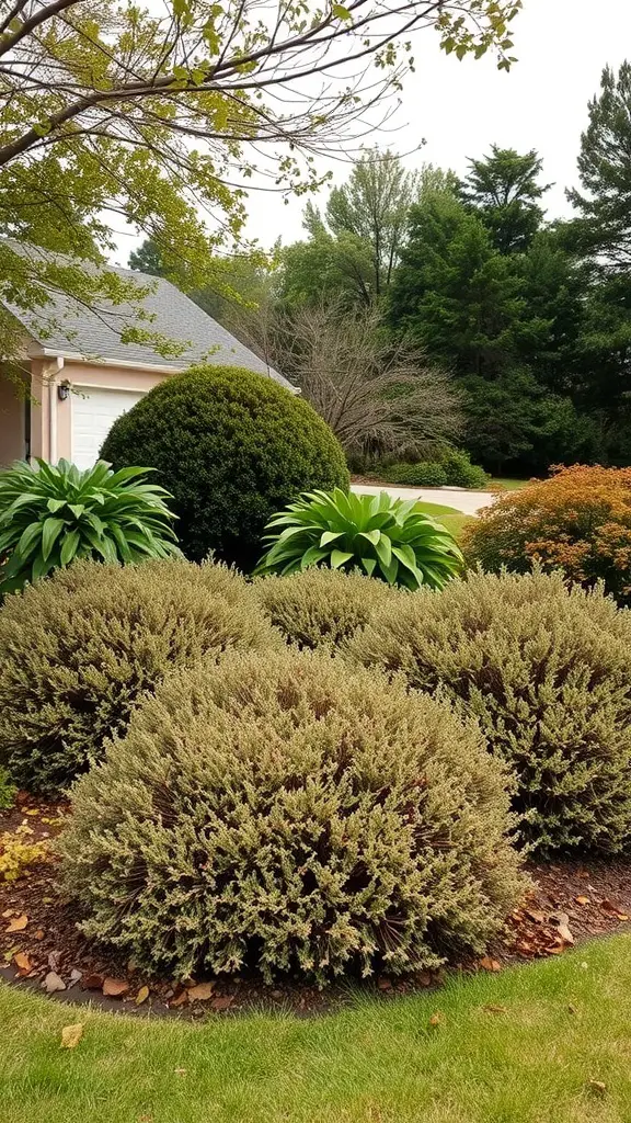 A variety of native bushes in front of a house, showcasing lush greenery and natural shapes.