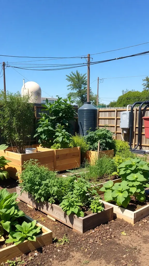 A vibrant vegetable garden with raised beds, various plants, and a rainwater collection system.