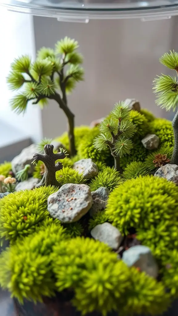 A close-up view of a mossy forest terrarium with small trees and rocks.