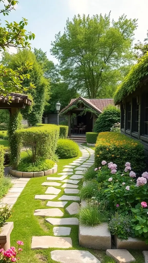A charming garden pathway made of stone slabs, surrounded by lush greenery and colorful flowers.