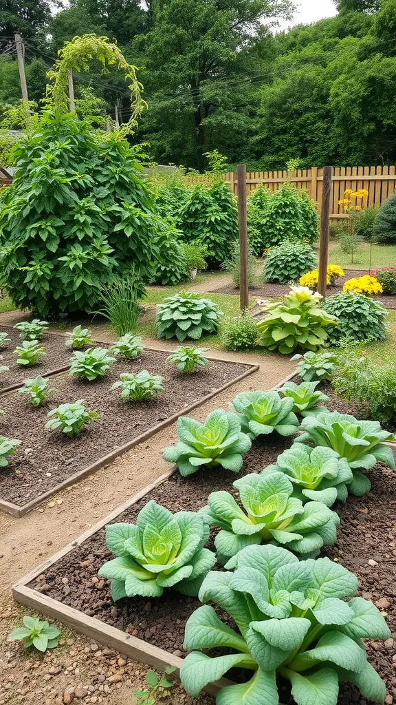 A well-organized vegetable garden with raised beds filled with leafy greens and colorful flowers.