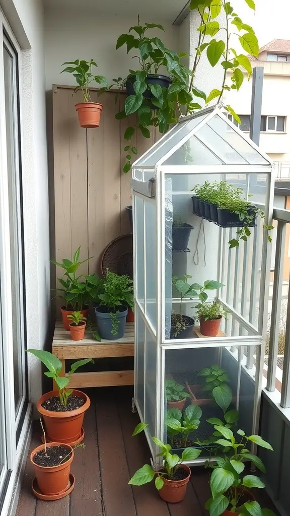 A small balcony garden featuring a mini greenhouse and various potted plants.
