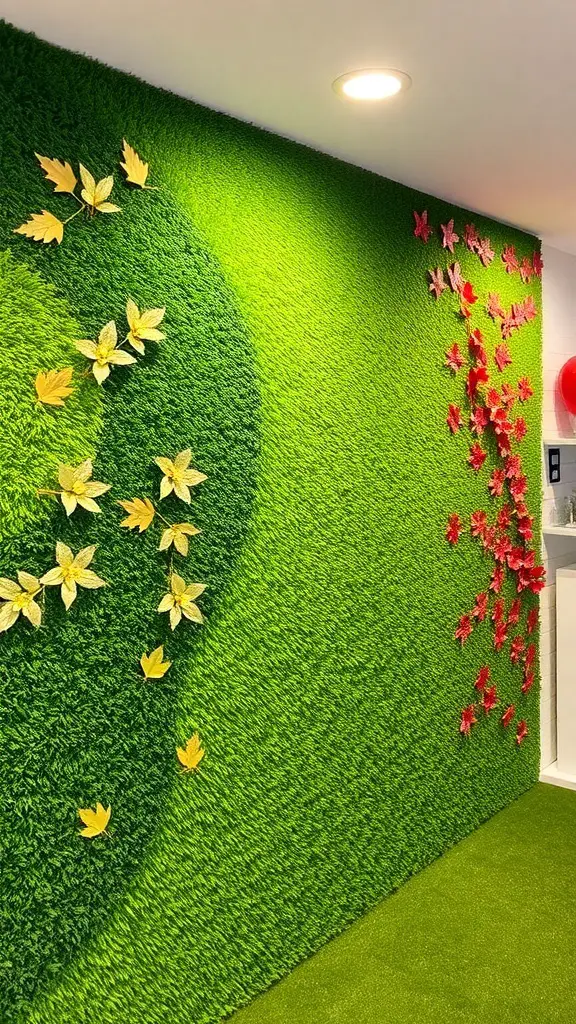 A vibrant artificial grass wall decorated with colorful leaves and flowers, showcasing seasonal decor ideas.