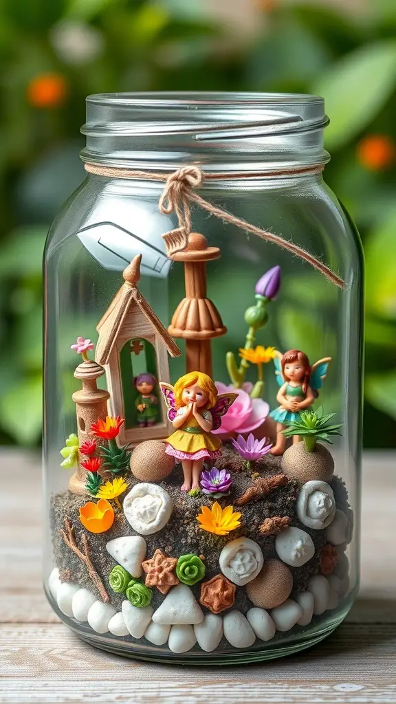 A colorful fairy tale garden terrarium with miniature fairies and flowers in a glass jar.