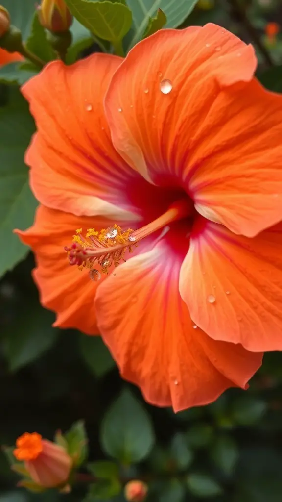 Close-up of a vibrant orange hibiscus flower with droplets of water on its petals.