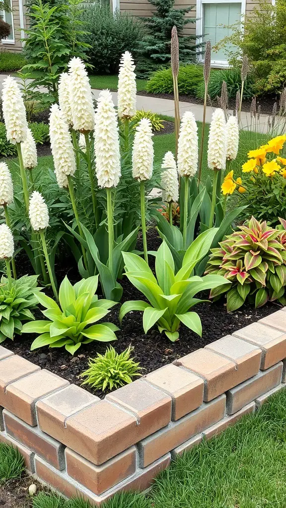 A raised garden bed with a brick border, featuring white flowers and green plants.