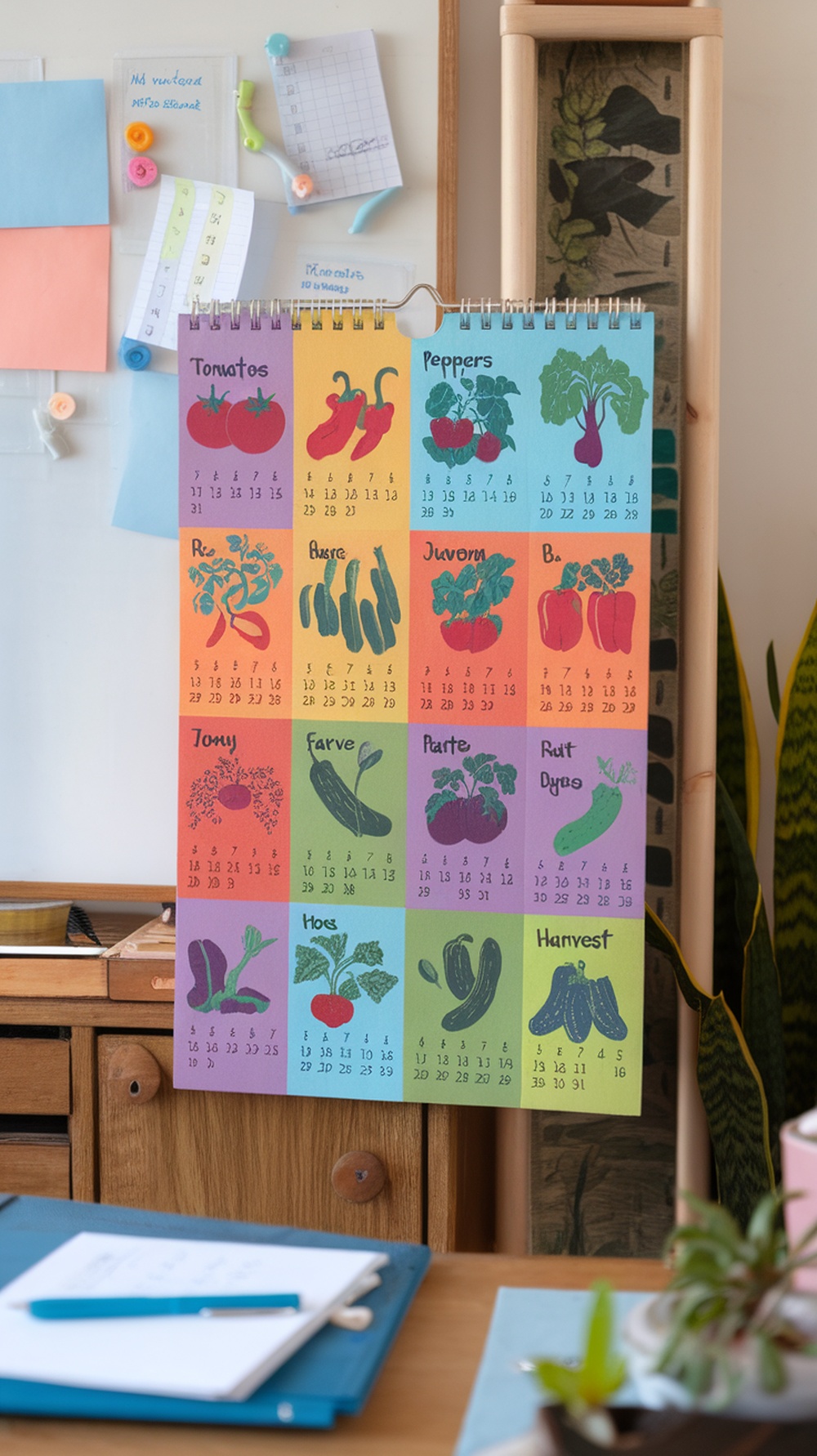 A seasonal planting calendar for a vegetable garden, showing various planting dates and tasks.