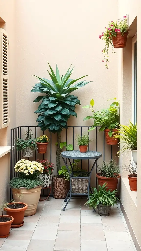 A small balcony garden with plants and a cozy seating area.
