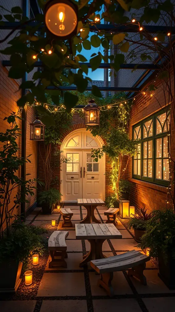 A small courtyard garden with warm lighting, featuring string lights, lanterns, and wooden benches.