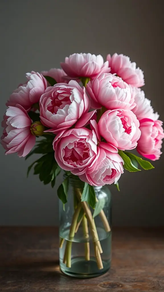 A beautiful bouquet of pink peonies in a glass vase.