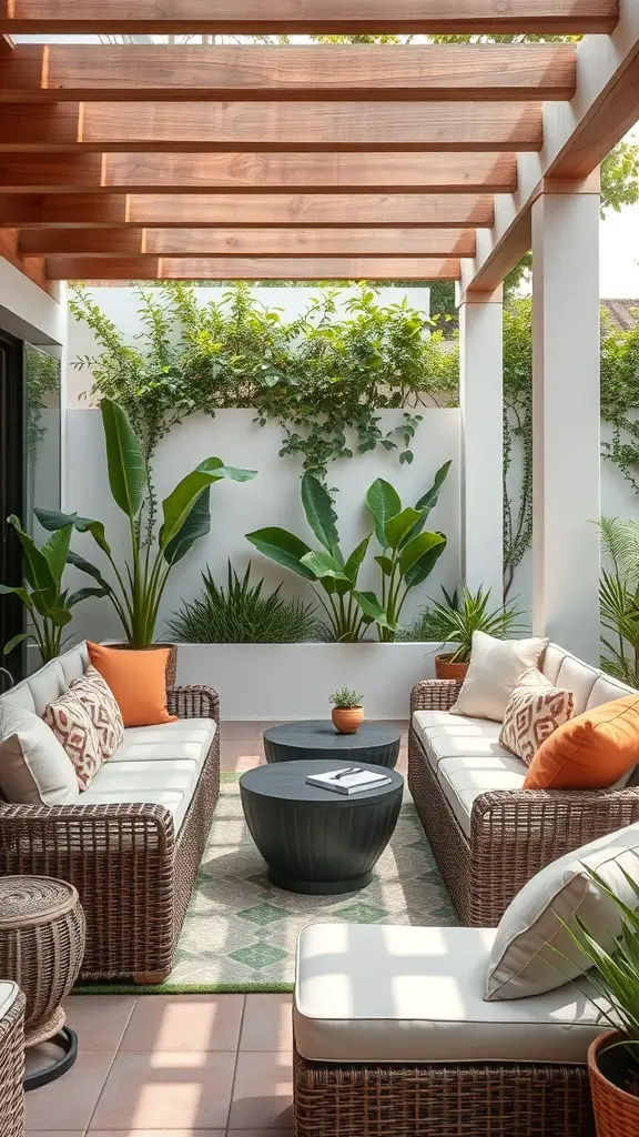 Cozy outdoor lounge area with comfortable seating, plants, and a wooden pergola.