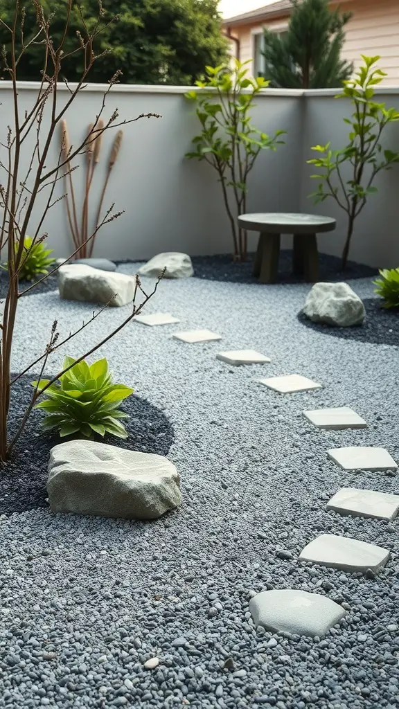 A serene Zen garden featuring stepping stones, smooth gravel, and plants.