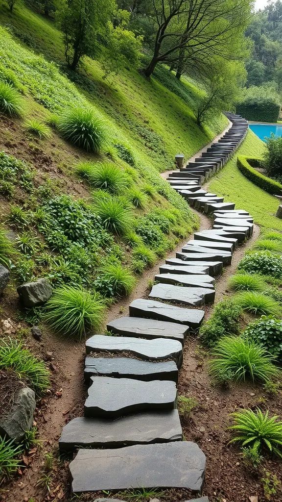 A winding pathway made of stepping stones through a sloped yard with green plants.