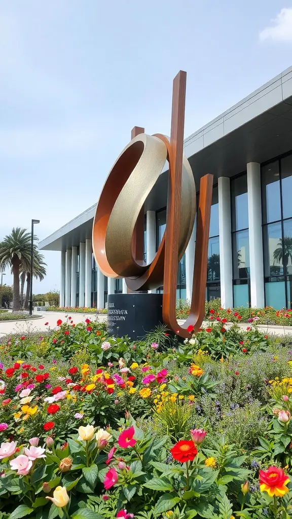 A modern sculpture surrounded by colorful flowers in a landscaped garden.