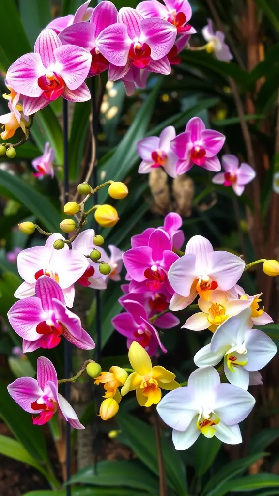 A vibrant display of various orchids in pink, yellow, and white colors.