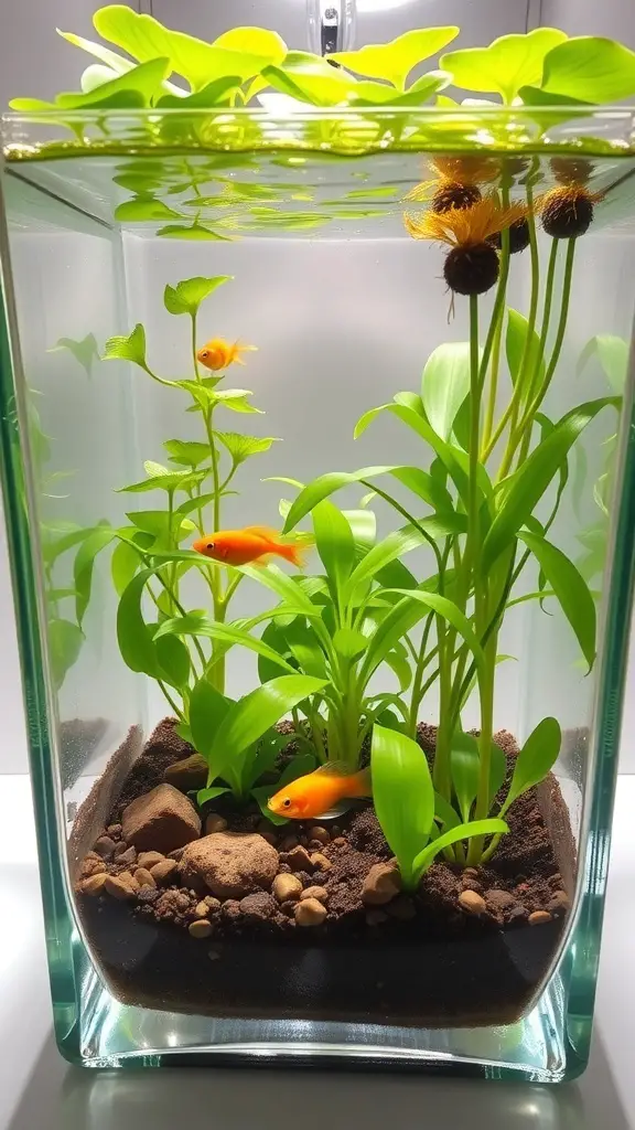 A vibrant aquatic plant terrarium featuring green plants and goldfish in a clear glass container.