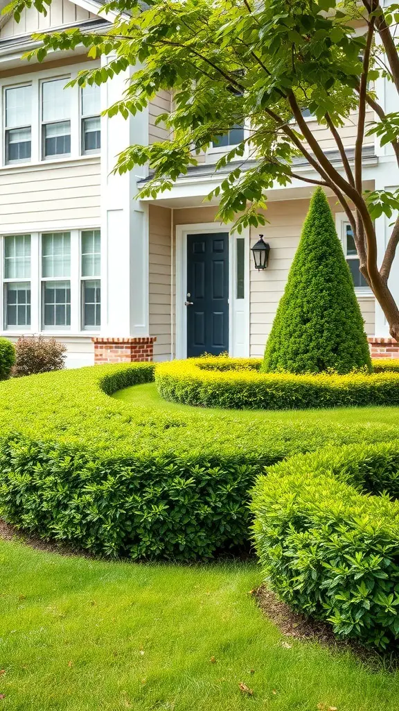 A well-landscaped front yard with neatly trimmed bushes and a welcoming entrance.