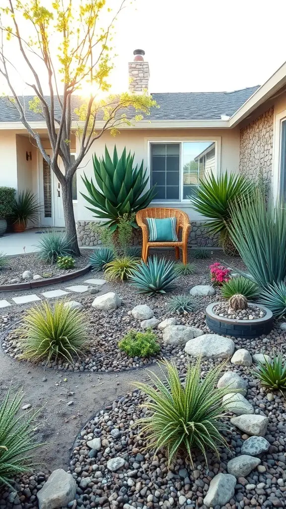 A drought-resistant front garden featuring various plants, rocks, and a cozy seating area.