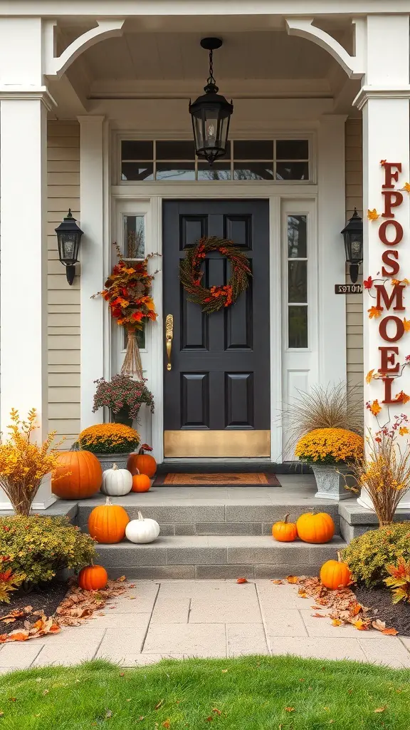 A beautifully decorated front entrance with pumpkins, autumn foliage, and a black door.